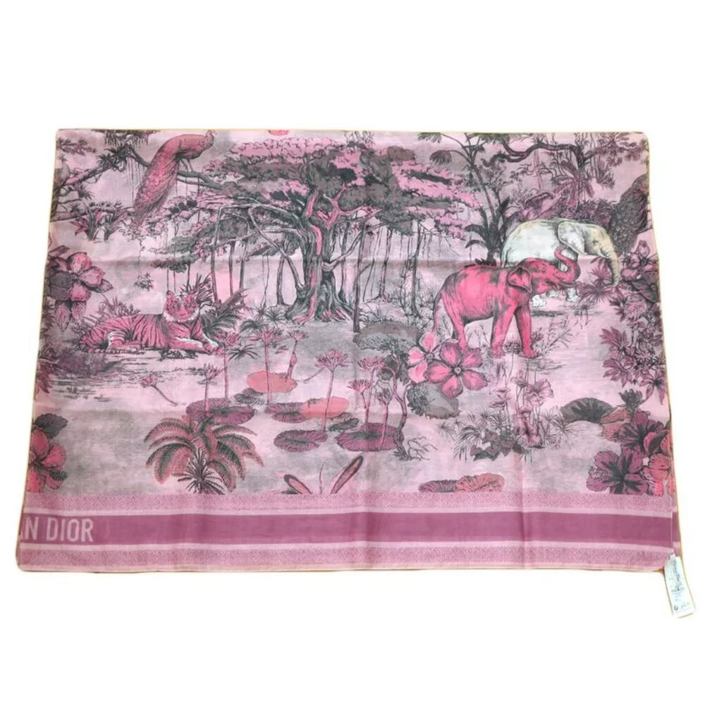 Dior Scarf Shawl Large Elephant Tiger Flower Pink